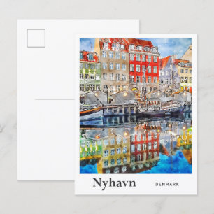 Nyhavn Denmark Travel Watercolor Hand Drawn Postcard