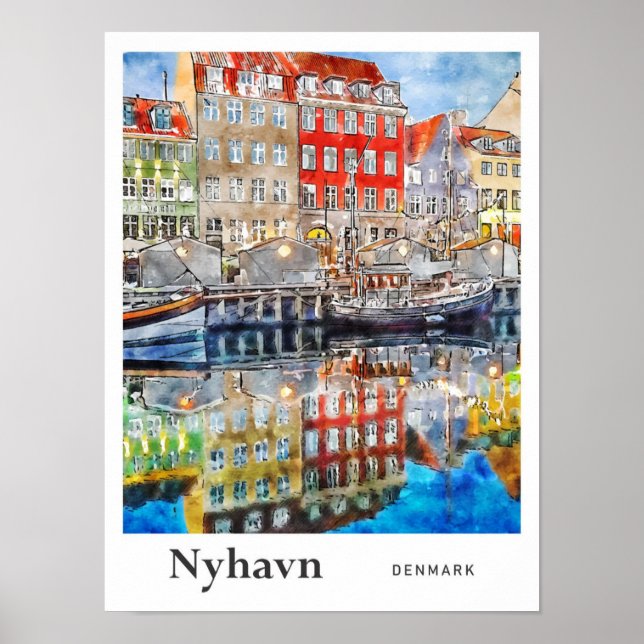 Nyhavn Denmark Travel Watercolor Hand Drawn Poster (Front)