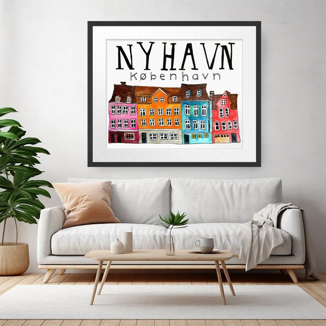NYHAVN Kobenhavn Watercolor Art Travel Poster (NYHAVN Kobenhavn Copenhagen Denmark Watercolor Wall Art Travel Poster)