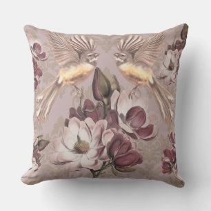 NZ Fantail and Magnolia in Dusky Pink Gilded Bird Cushion