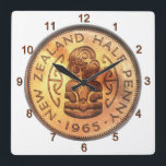 NZ New Zealand Half Penny Tiki Clock<br><div class="desc">An authentic 1965 New Zealand coper coin known as a Half Penny,  complete with a mystical Polynesian Tiki design,  makes a fantastic Clock face for those fascinated with New Zealand Maori culture.</div>