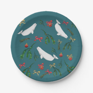 O Christmas Beluga Whale Illustration Holiday Paper Plate