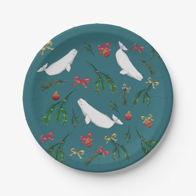 O Christmas Beluga Whale Illustration Holiday     Paper Plate (Front)
