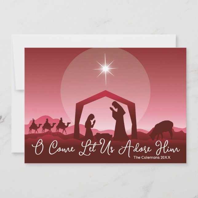 O Come Let Us Adore Him Nativity Scene Christmas Holiday Card (Front)