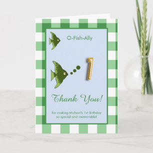 O Fish Ally 1st Birthday Photo Green Gingham Thank You Card