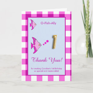 O Fish Ally 1st Birthday Photo Pink Gingham Thank You Card