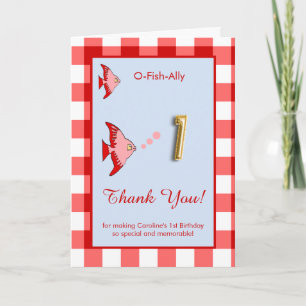 O Fish Ally 1st Birthday Photo Red Gingham Thank You Card