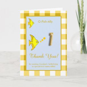 O Fish Ally 1st Birthday Photo Yellow Gingham Thank You Card