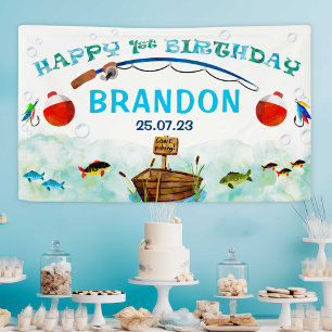 O-fish-ally fishing themed 1st birthday backdrop banner