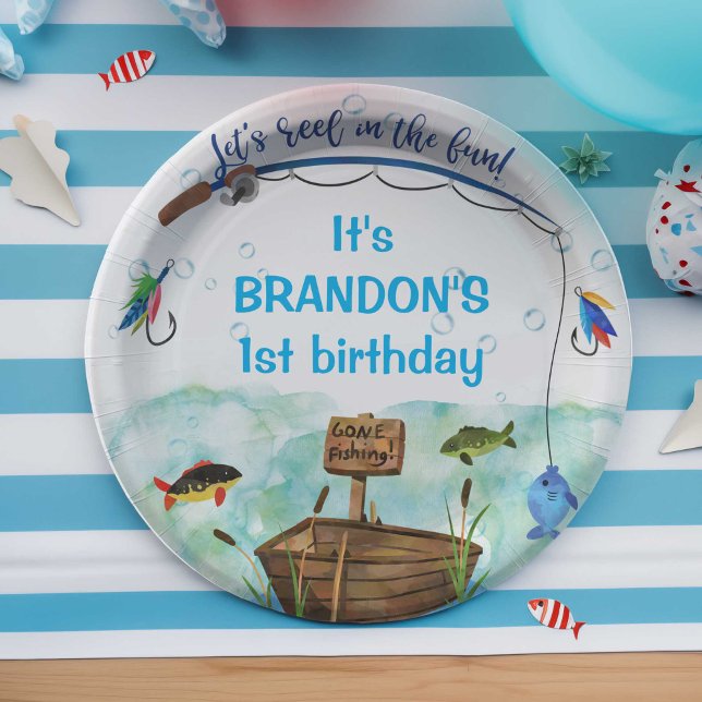 O-fish-ally gone fishing themed birthday party paper plate (O-fish-ally, gone fishing, little fisherman, boy 1st birthday paper plate.)