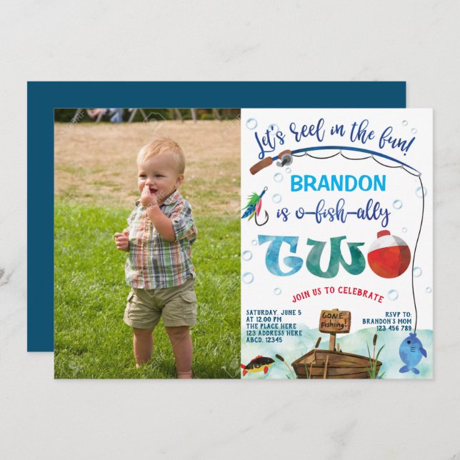 o-fish-ally, Little Fisherman 3rd Birthday photo Invitation (Front/Back)