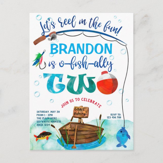 O-fish-Ally, Little Fisherman, Fishing 2nd Birthda Invitation Postcard (Front)