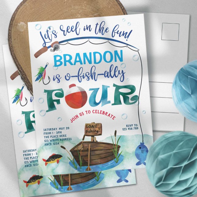 O-fish-Ally, Little Fisherman, Fishing 4th birthda Invitation Postcard (Fishing themed, Boy 1st birthday invitation. O fish ally, gone fishing, little fisherman birthday.)