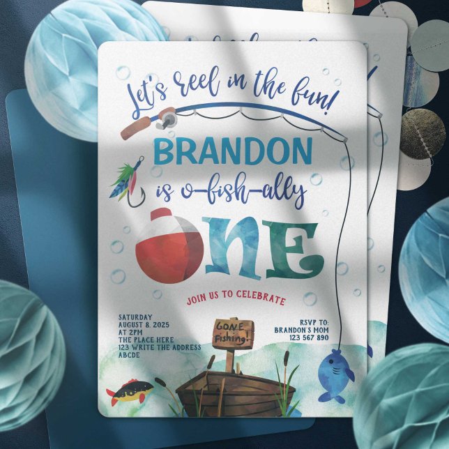 O-fish-Ally, Little Fisherman, Fishing Themed, 1st Invitation (O fish Ally, Fishing themed, Boy 1st birthday invitation. Little fisherman, gone fishing birthday.)