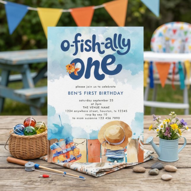O-fish-ally One Fisherman Boy 1st Birthday Invitation (Creator Uploaded)