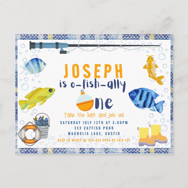 O Fish Ally One Fishing 1st Birthday Invitation Postcard (Front)