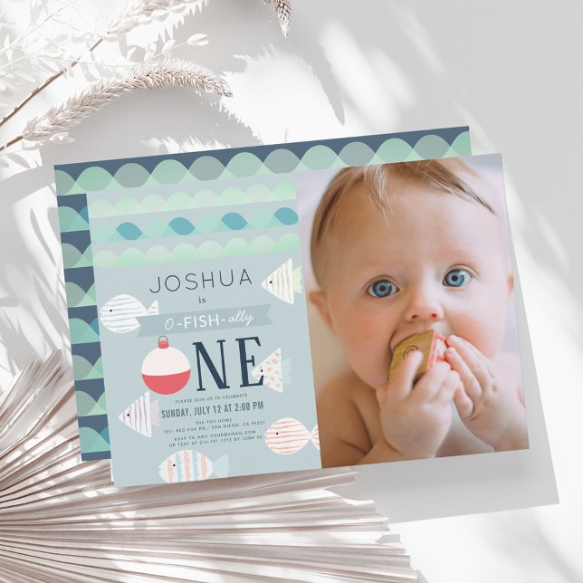 O-fish-ally One Fishing Boy 1st Birthday Photo Invitation (Creator Uploaded)