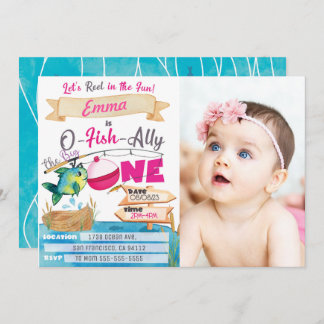 O-Fish-Ally One Girl 1st Birthday Fishing Photo Invitation