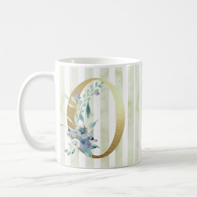 O,  golden initial blue and white stripes coffee mug (Left)