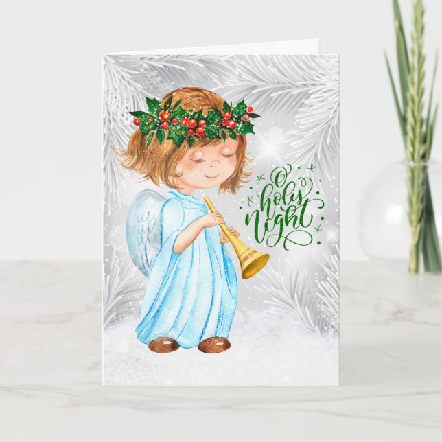 O Holy Night Christmas Angel Girl and Pines Holiday Card (Front)