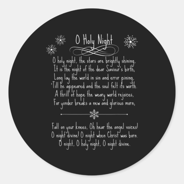 O Holy Night Christmas Carol Music Song Lyrics Tex Classic Round Sticker (Front)