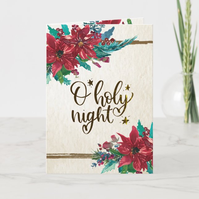 O Holy Night, Christmas Carol Red Poinsettia Holiday Card (Front)
