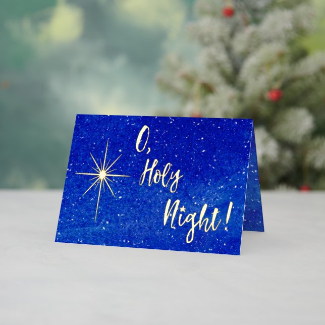 O Holy Night Gold Star Blue Religious Gilded Foil Holiday Card (Holiday In Situ)