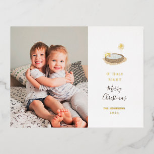 O' Holy Night Nativity and Photo Christmas Gold Foil Holiday Postcard