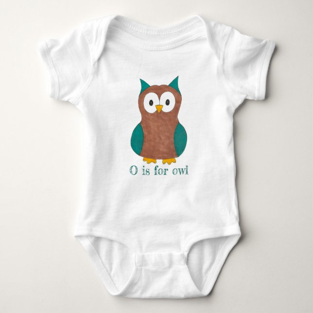 O is for Owl Brown Blue Wise Owl Bird Animal Baby Bodysuit (Front)