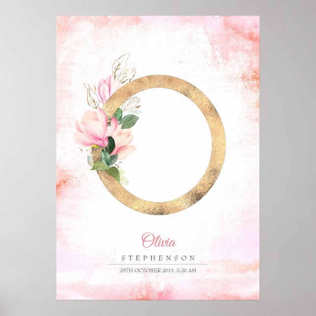 O Letter Monogram Gold Leaves Pink Magnolia Floral Poster (Front)
