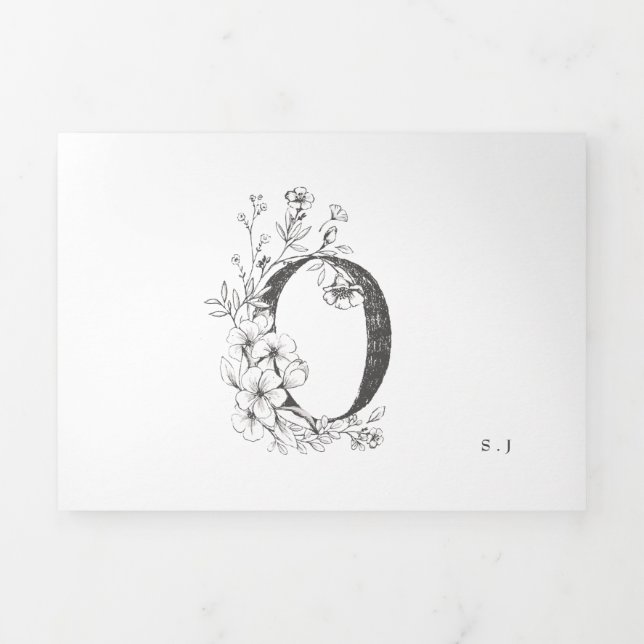 'O' Monogram Beautiful Sketched Floral Wedding Tri-Fold Invitation (Cover)
