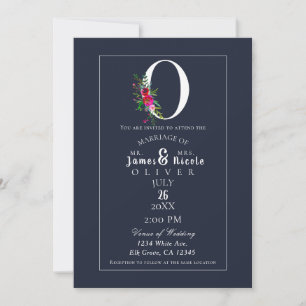 O Monogram Last Initial Modern Blue Floral Wedding Invitation
