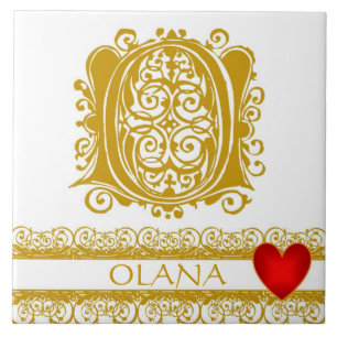 O Monogram Name Gold Lace Red Heart Template Tile
