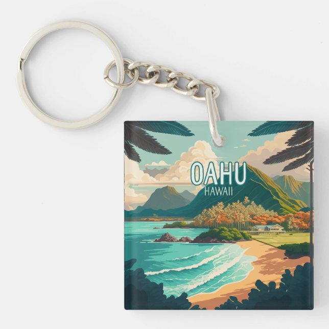 Oahu Hawaii Beach Vintage Retro Keychain (Front)