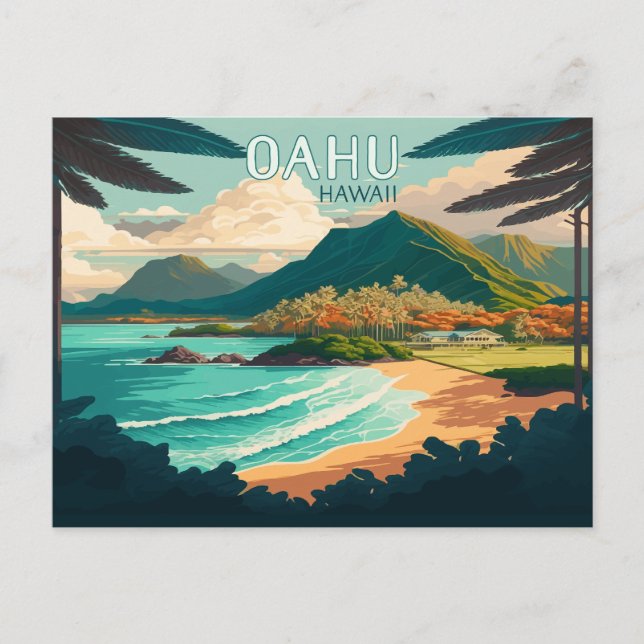 Oahu Hawaii Beach Vintage Retro Postcard (Front)