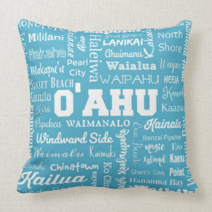O'ahu Hawaii Cities Typography - aqua and white Cushion