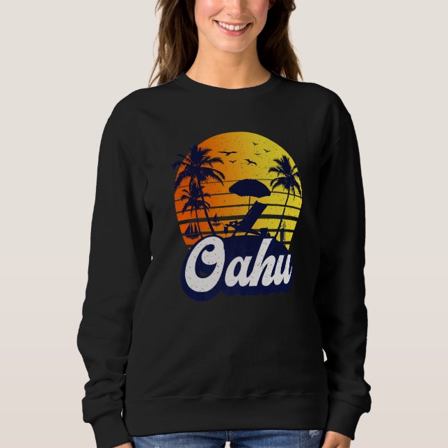 Oahu Hawaii Hawaiian Sunset Beach Retro Premium Sweatshirt (Front)