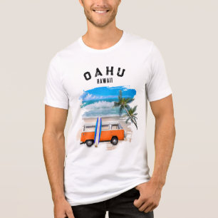 Oahu Hawaii Orange Vintage Van Surfboard Waves Tri-Blend Shirt