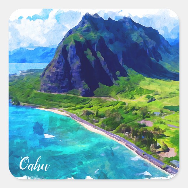Oahu Hawaii Panorama View Beach Square Sticker (Front)