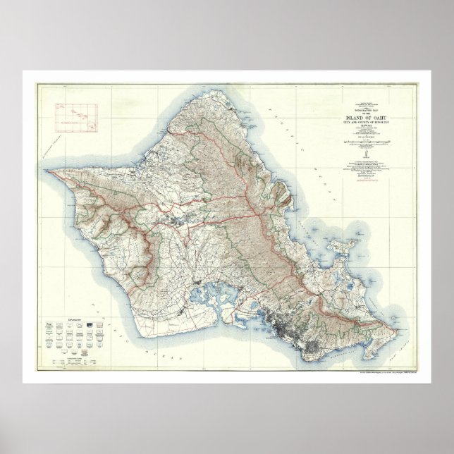 Oahu Hawaii Topographical Map 1938 Poster (Front)