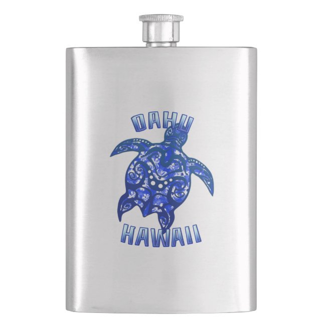 Oahu Hawaii Vacation Tribal Turtle Hip Flask (Front)