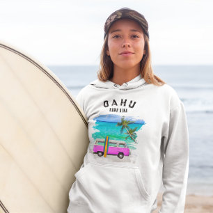 Oahu Kamaʻaina Pink Vintage Van Surfboard Hoodie