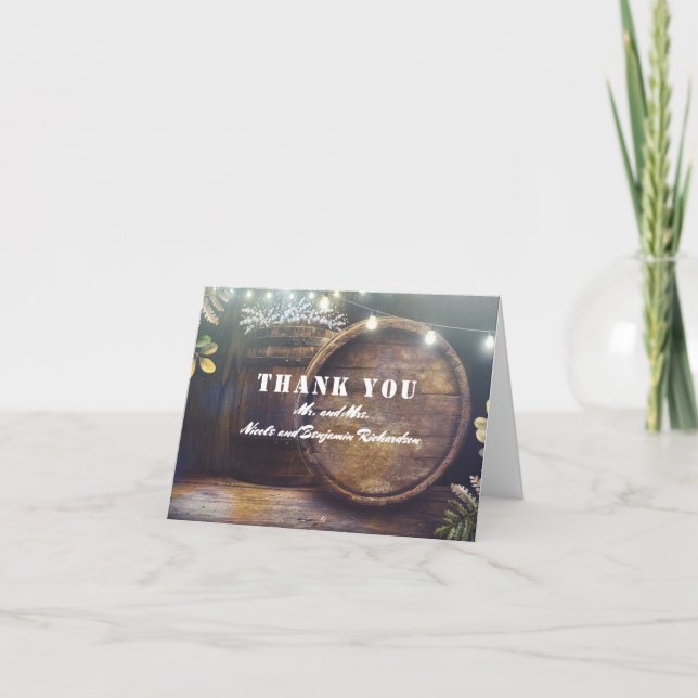 Oak Barrel Rustic Barn Wedding Thank You Card (Front)