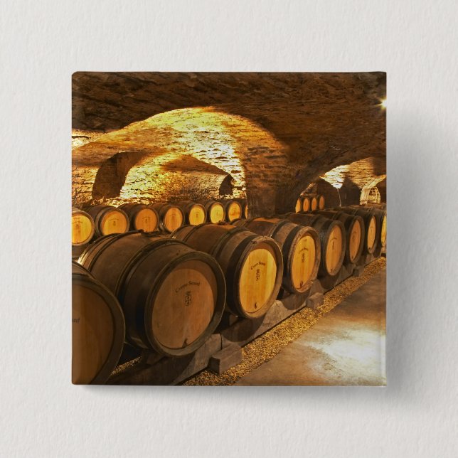 Oak barrles in the cellar at Domaine Comte 15 Cm Square Badge (Front)