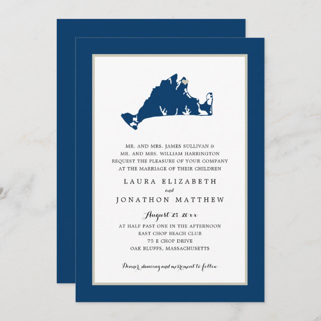Oak Bluffs Marthas Vineyard Blue Map Wedding Invit Invitation (Front/Back)