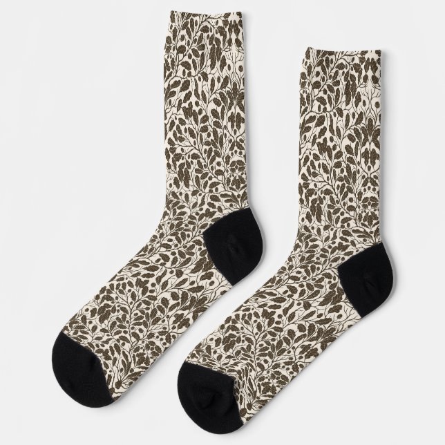 Oak branches and leaves, damask pattern in brown a socks (Left)