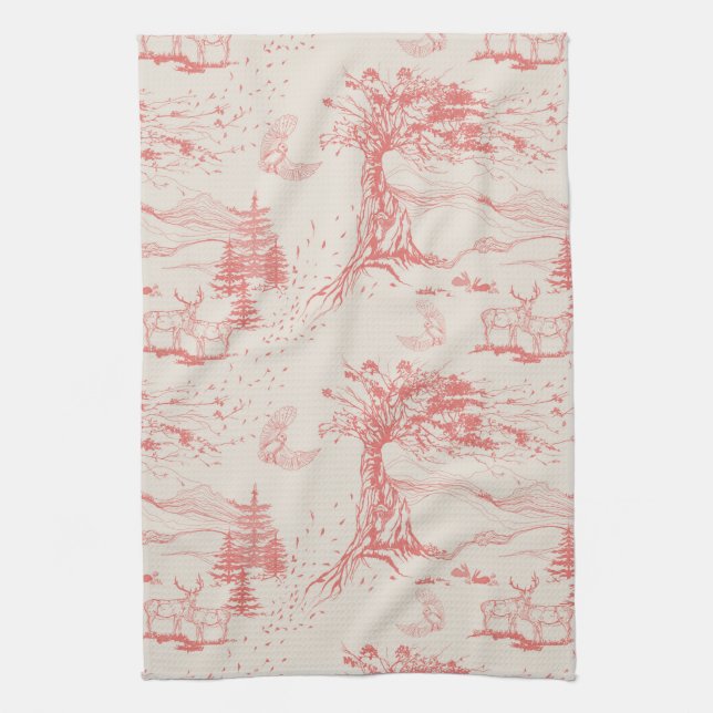 Oak & Elk Everyday Toile in Pink Coral & cream Tea Towel (Vertical)