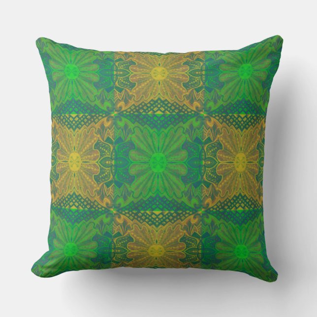 Oak King, bohemian floral pattern, green & yellow Cushion (Front)