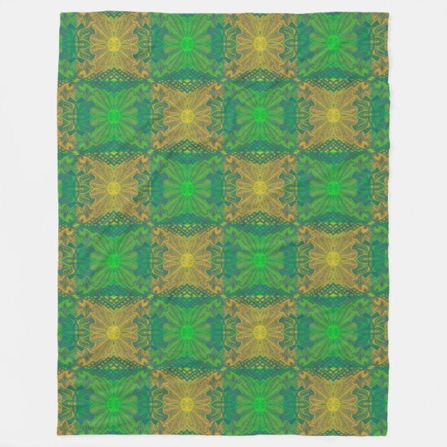 Oak King, bohemian floral pattern, green & yellow Fleece Blanket (Front)