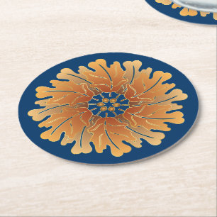 Oak Leaf and Acorn Rosette Round Paper Coaster